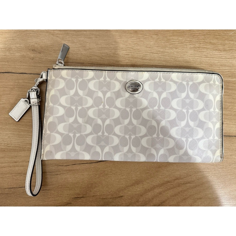 Coach Peyton Dream C Slim Zip Around Wallet Wristlet Gray White Hang Tag Gโ
